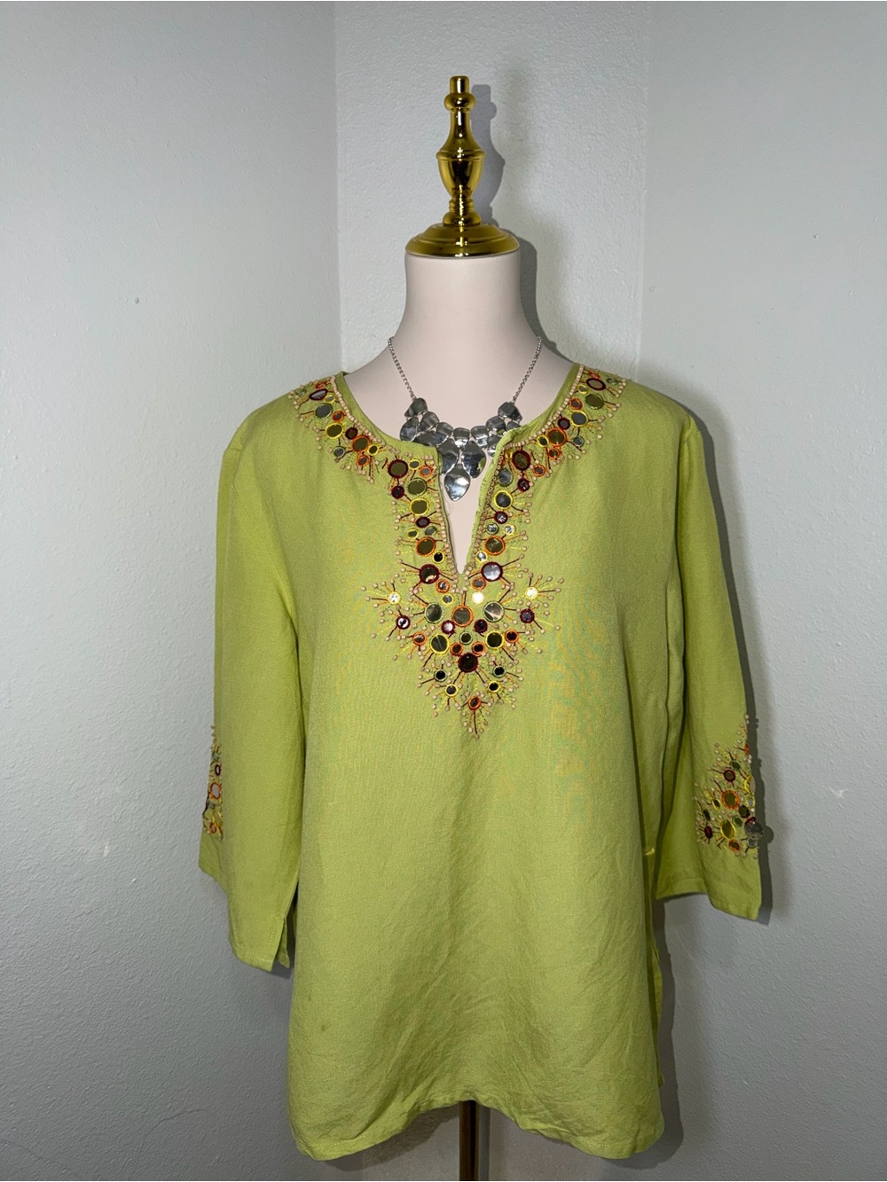 Lime Green Boho Tunic Top with Beaded Detail